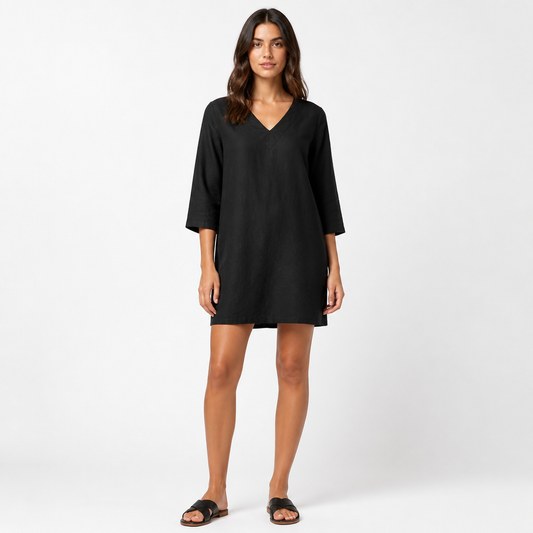 Women's Vintage V-Neck Linen Blend Mini Dress