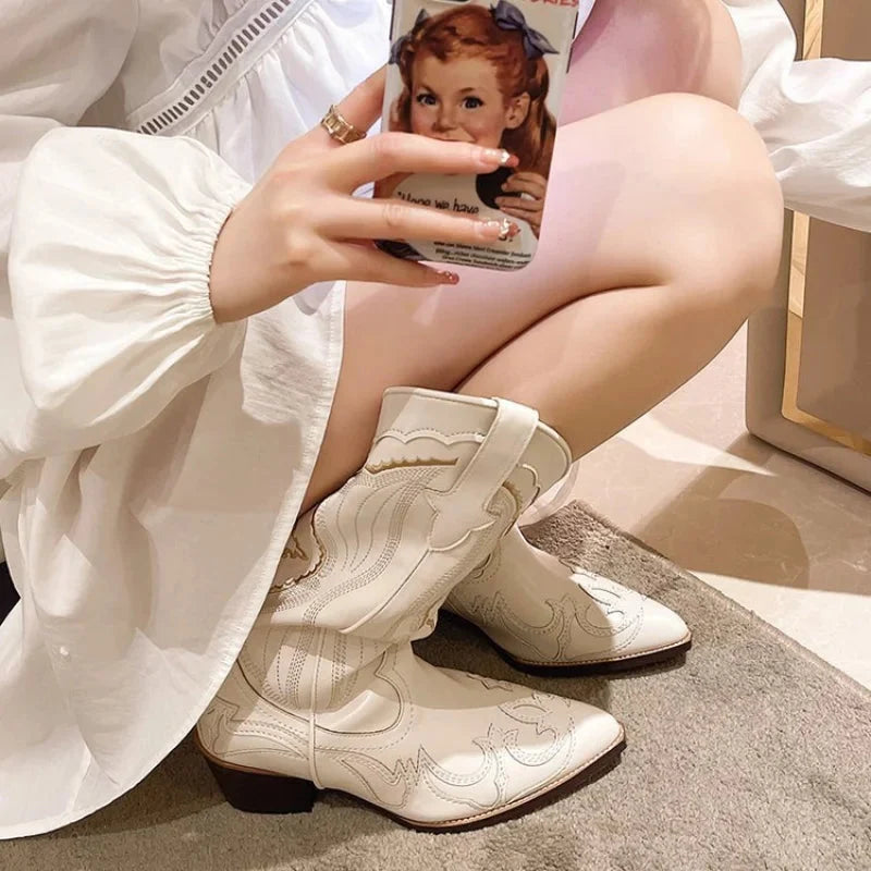Women's Western Cowboy Boots with Low Block Heel