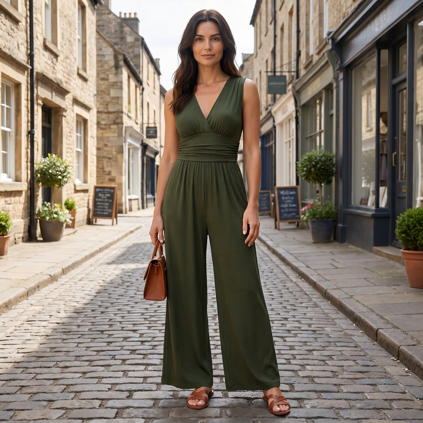 Women's Wide-Leg Sleeveless Jumpsuit with V-Neck