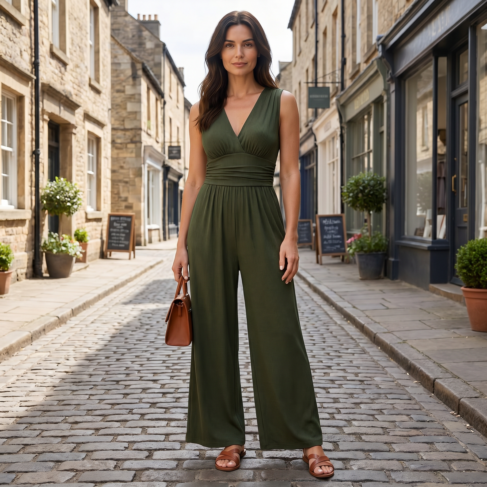 Women's Wide-Leg Sleeveless Jumpsuit with V-Neck