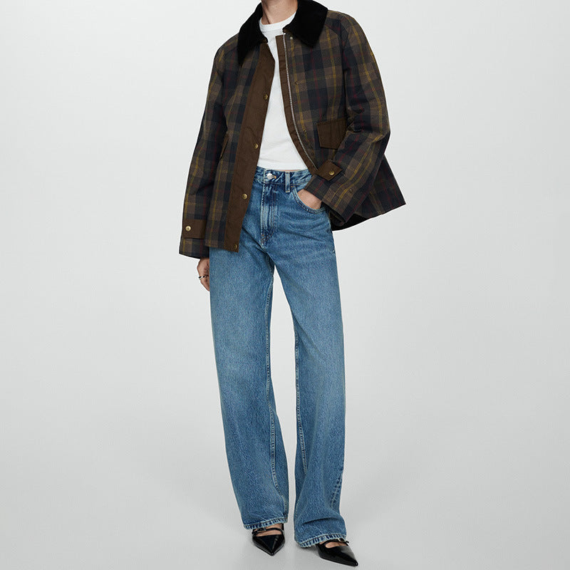 Women's Winter Checkered Jacket with Soft Collar