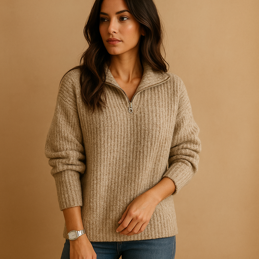 Women's Wool Blend Half-Zip Sweater Ribbed Knit