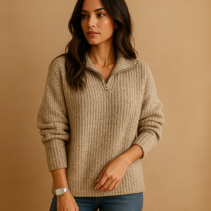 Women's Wool Blend Half-Zip Sweater Ribbed Knit