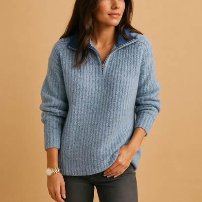 Women's Wool Blend Half-Zip Sweater Ribbed Knit