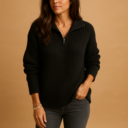 Women's Wool Blend Half-Zip Sweater Ribbed Knit