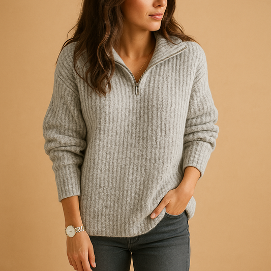 Women's Wool Blend Half-Zip Sweater Ribbed Knit